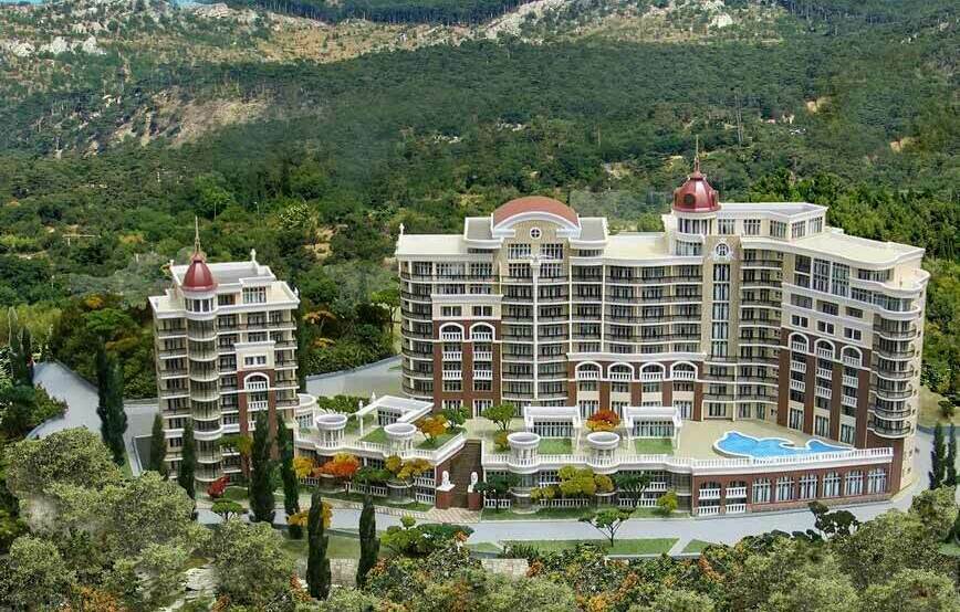 Архитектурный макет жилого комплекса Модель жилого комплекса с зоной отдыха и бассейном